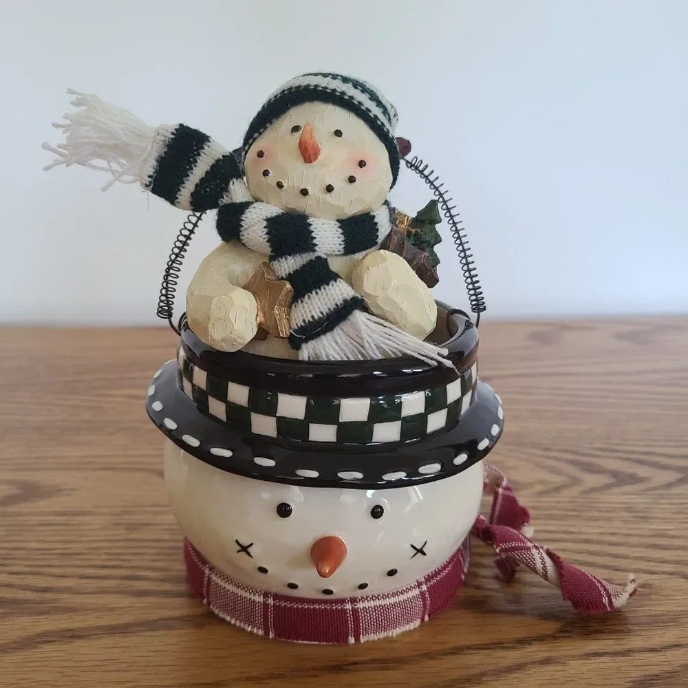Vintage Wood-Look Snowman Figurine & Ceramic Snowman Bucket Pail Snowman Lot